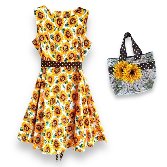 Vintage Dresses & Skirts - VINTAGE Style Sunflower Print Swing Dress w/Matching Purse